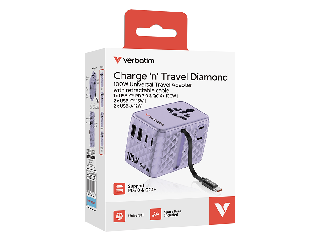 Adaptor Verbatim GaN,100W, cablu retractab,violetUSB-C PD 3.0 QC4+up to 100W/USB-A up to 12W