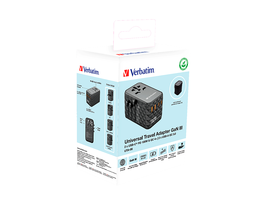 Adaptor universal Verbatim UTA-06, Travel, 100WGaN3, 2xUSB-C PD & QC 4+ & 2 x USB-A QC 3.0 ports