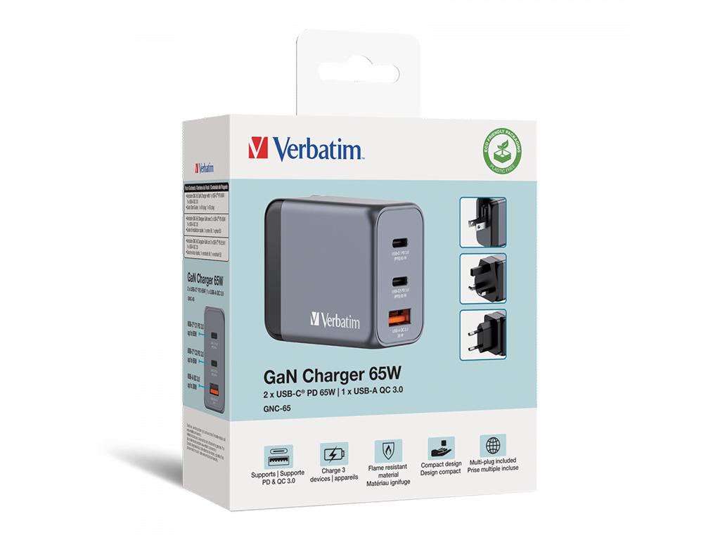 Incarcator Verbatim GNC65, 65W, EU/UK/US2 x USB-C PD 65W / 1 x USB-A QC 3.0