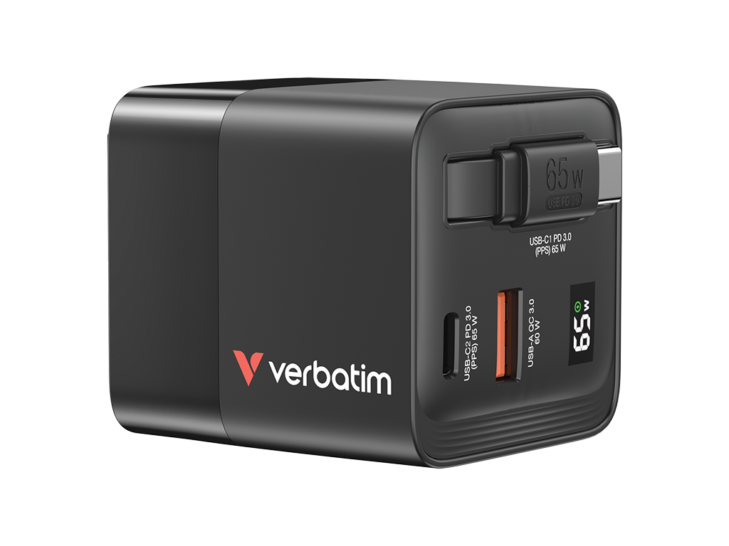 Incarcator Verbatim GaN 65W cablu retract EU/UK/US1 x USB-C PD 65W, 1 x USB-A QC 3.0