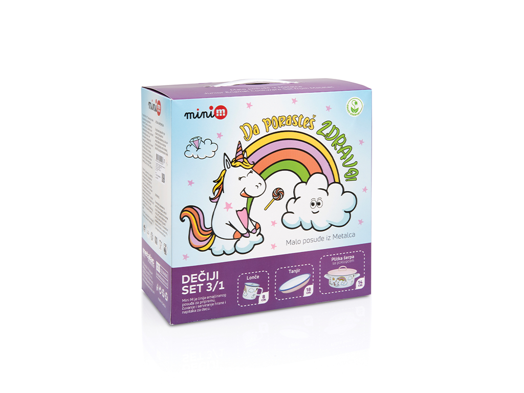 Set 3 piese 1.5l Unicorn Metalac email/Cana 8cm/Caserola capac14cm/Farfurie 18cm