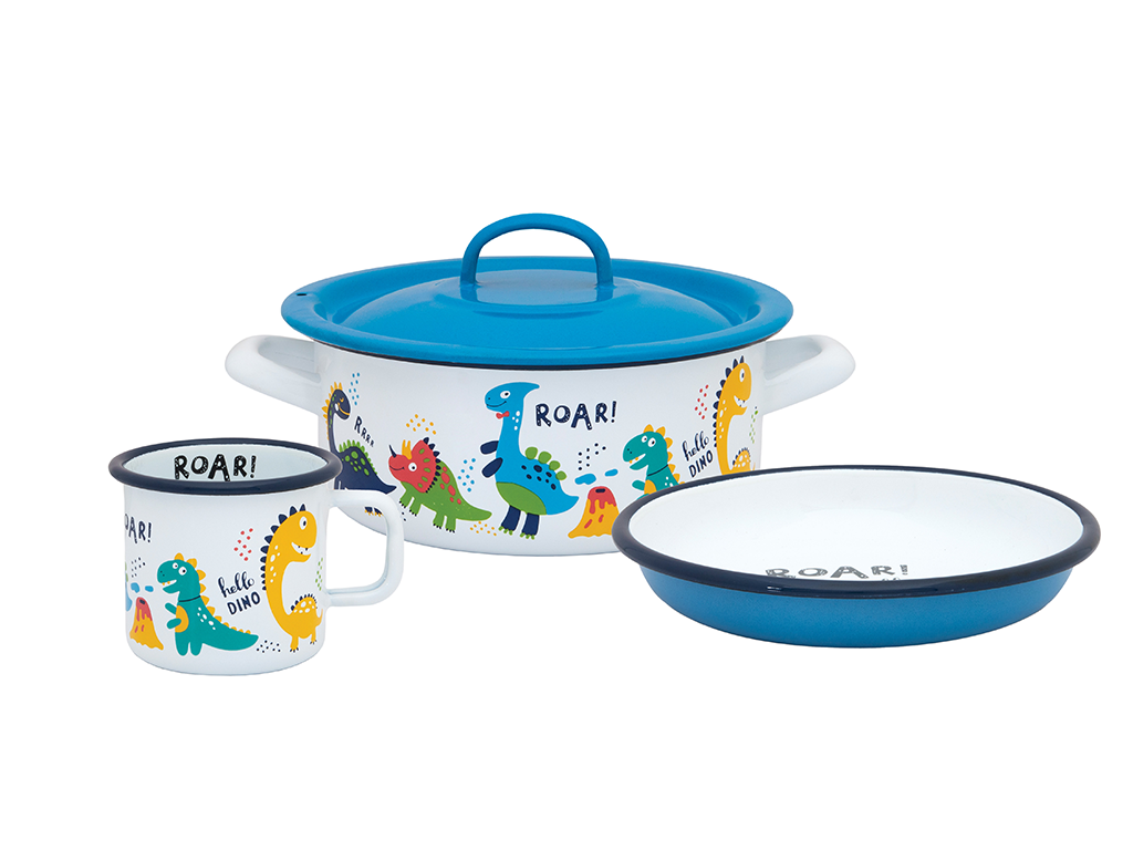 Set 3 piese 1.5l Dino Metalac email/Cana 8cm/Caserola capac14cm/Farfurie 18cm