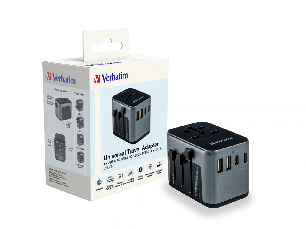 Adaptor universal Verbatim UTA-03, 6-in-1, PD30WPriza cu USB-C PD si QC, 2 x USB-C, 2 x USB-A